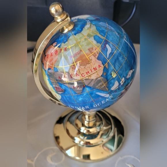 Vintage Gold- Blue Gemstone Desk Globe Cast Rotating Decor - Picture 1 of 6